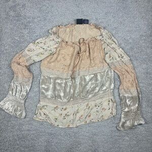 Cottagecore Top Womens Small Corduroy Bell Sleeves Y2K Lace Floral BOHO Blouse